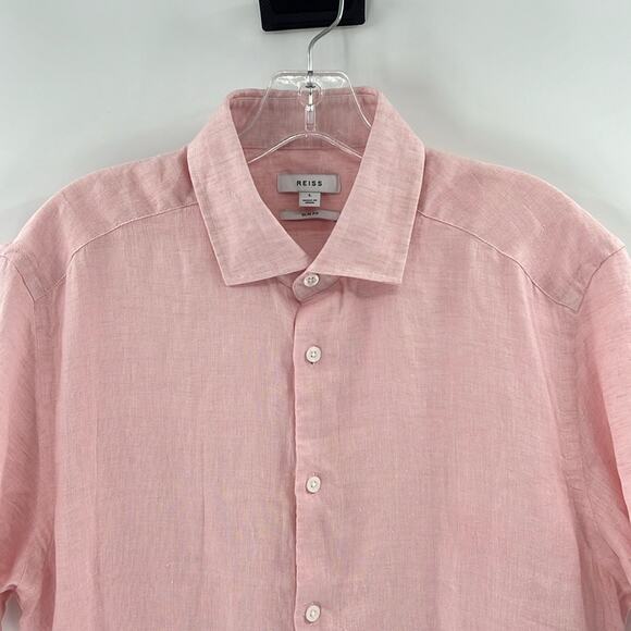 Reiss Men's Holiday Slim Fit Linen SS Button Shirt - Pink - Large - Picture 1 of 6
